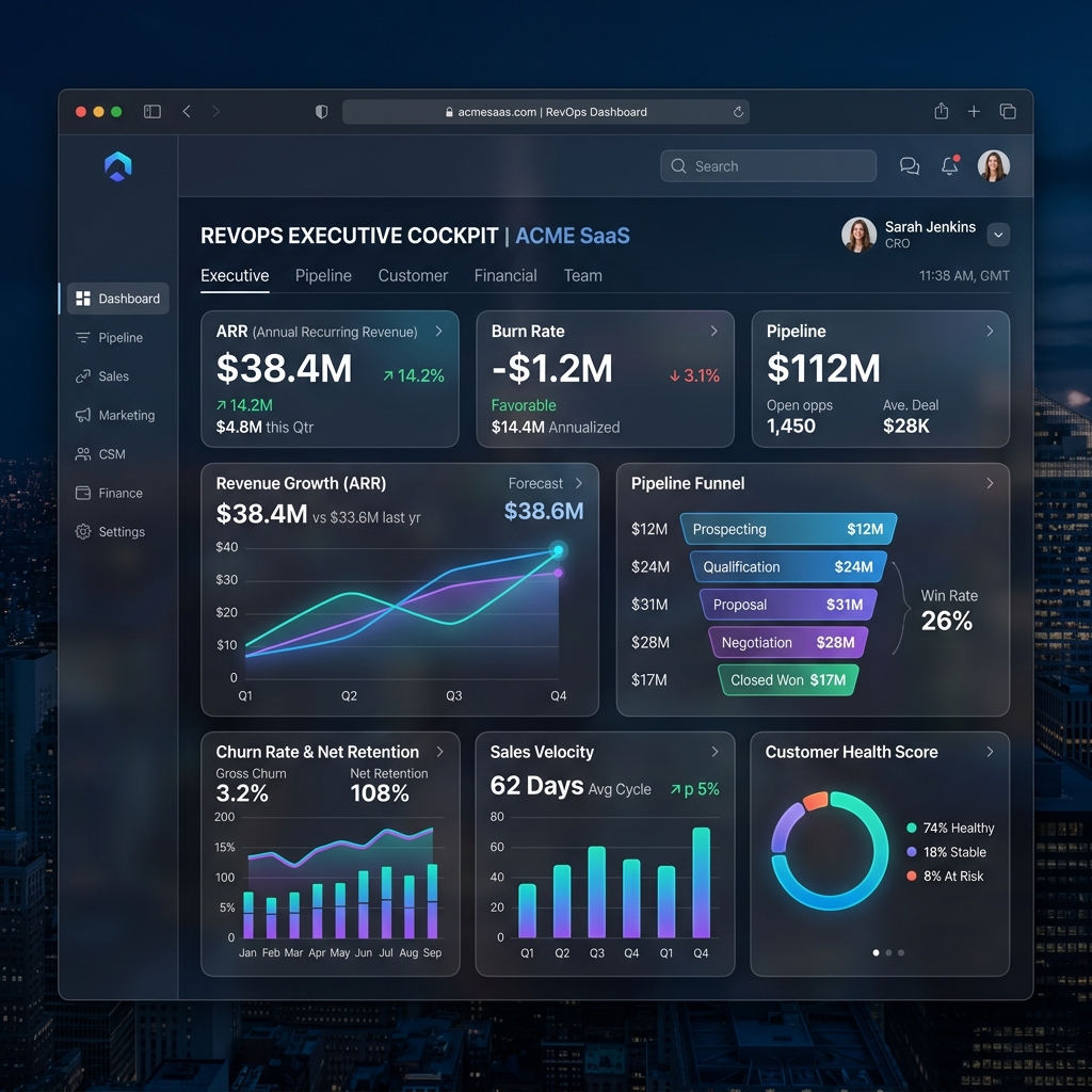 Octearn RevOps Simulation — executive cockpit with live ARR, Pipeline, Burn Rate and Revenue Growth metrics
